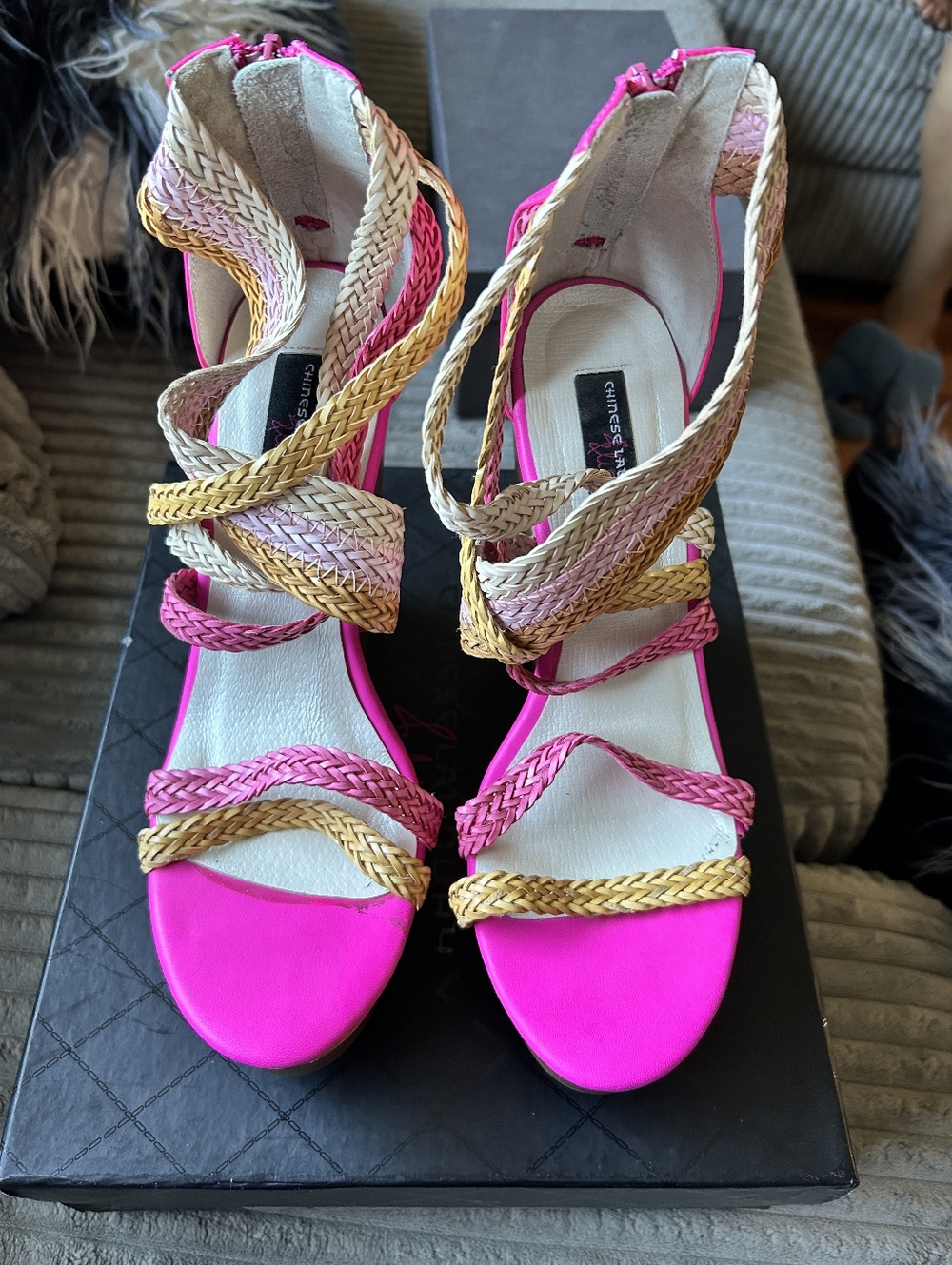 Chinese Laundry Neon Pink Braided Wedge Sandals